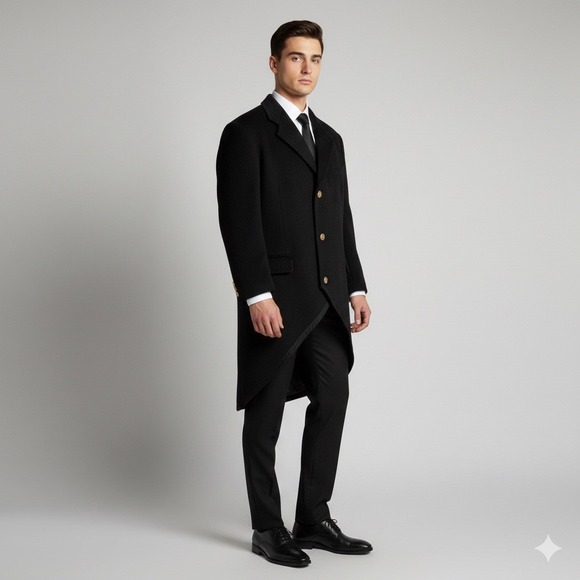 Vintage Teller Black Cutaway Morning Coat 52 R Tailcoat Wool Gold Buttons Jacket